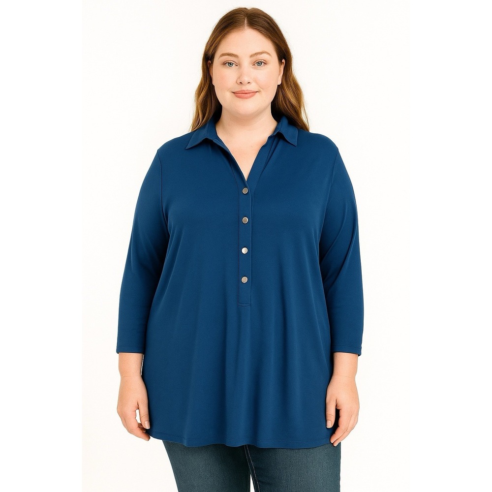 Catherine Malandrino Womens Blouse Blue Collared 3/4 Sleeve Button 1X Office‎